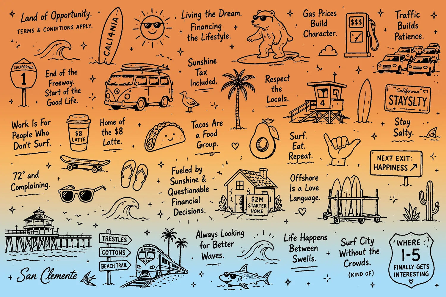 A retro-style illustrated poster with hand-drawn doodles and text on a warm orange-to-blue gradient background. The artwork includes icons and phrases such as 'Land of Opportunity,' 'Living the Dream,' 'Sunshine Tax Included,' 'Respect the Locals,' 'Stay Salty,' 'Fueled by Sunshine & Questionable Financial Decisions,' and 'Life Happens Between Swells.