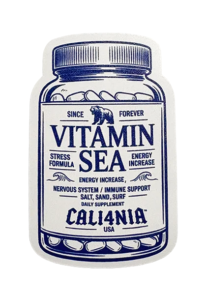 A die-cut sticker or decal shaped like a vintage-style vitamin bottle, featuring navy blue text and graphics on a white background. The label reads 'VITAMIN SEA' with 'CALI4NIA USA' at the bottom and decorative text including 'SINCE FOREVER'.