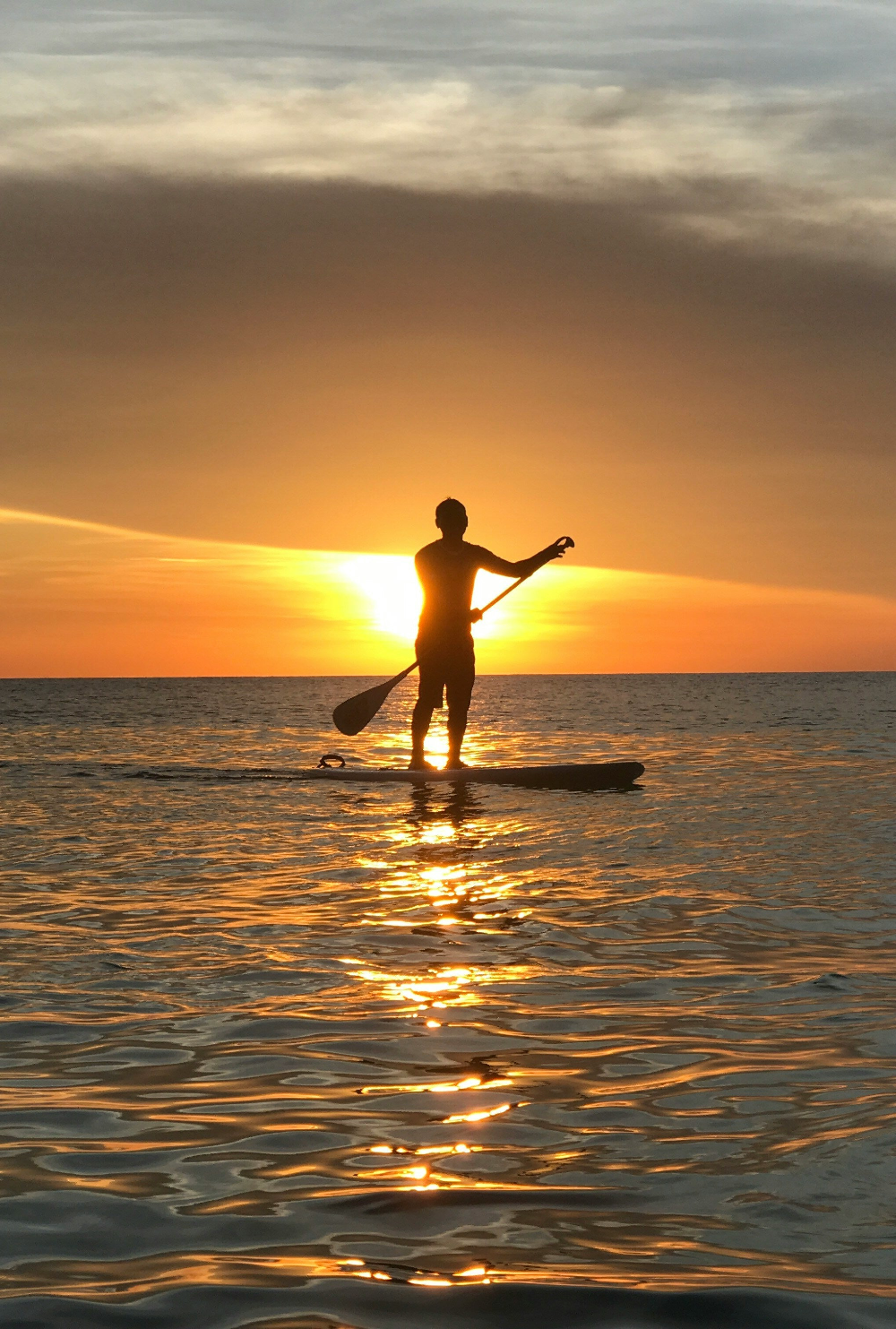 paddle boarder on the ocean at sunset